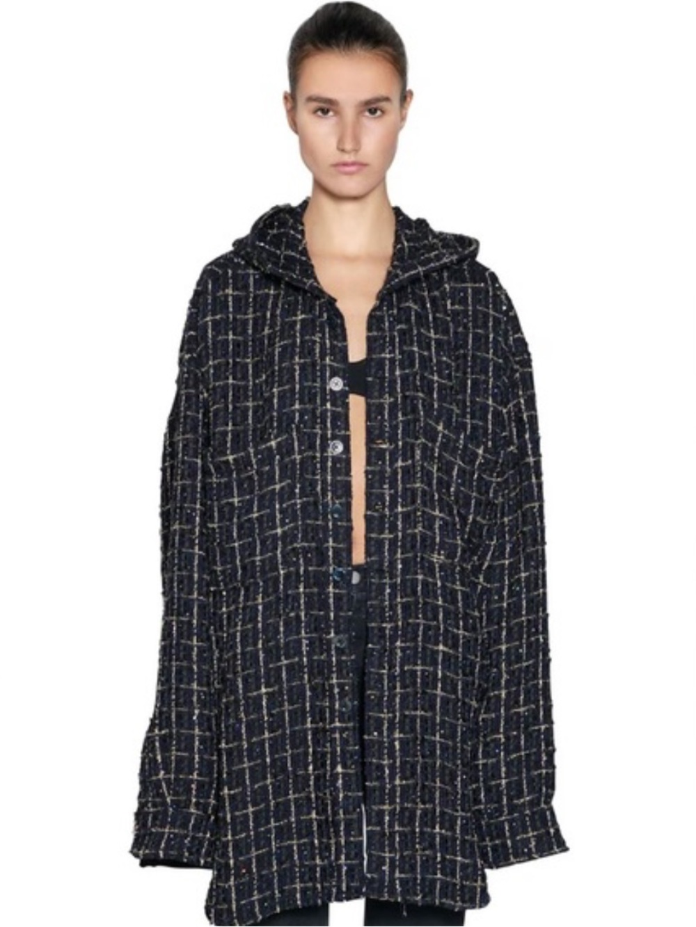 FAITH CONNEXION Tweed Plaid Gingham Sequin Button Down Coat Jacket Hoodie
